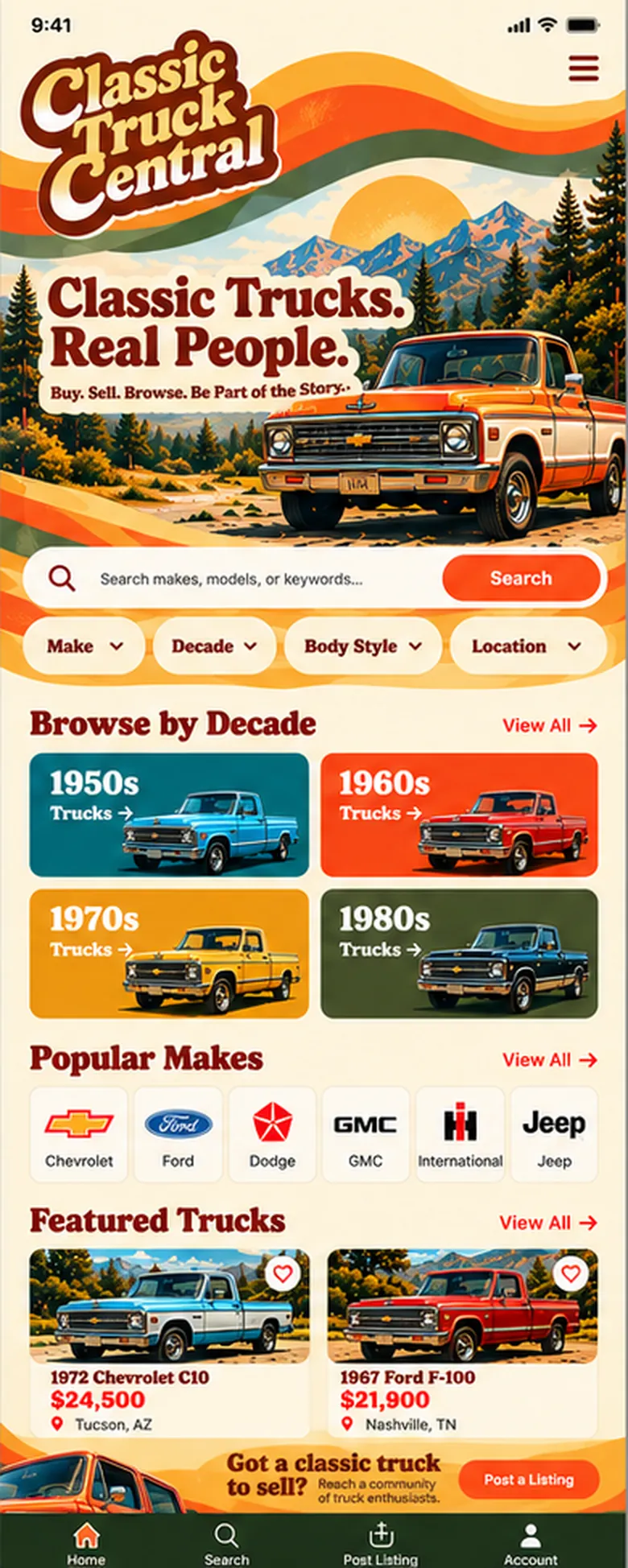Classic Truck Central mobile design with retro orange lettering, a truck illustration and browsing categories.