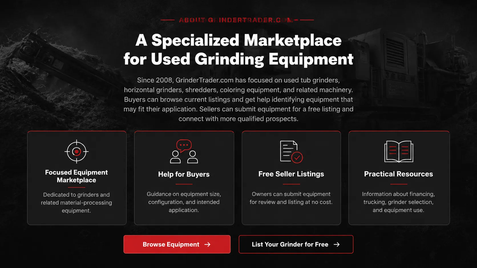 Grinder Trader concept section with a dark industrial background and red accents for buyer and seller information.