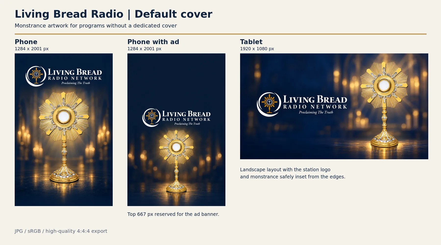 Living Bread Radio cover artwork presented in phone, phone-with-ad and landscape tablet formats.